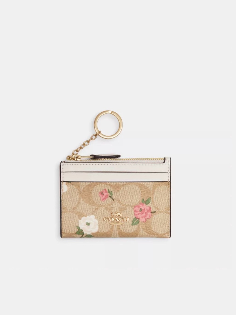 NWT Coach Mini Skinny ID Case Signature Canvas w/ Floral, Khaki Chalk Multi/Gold